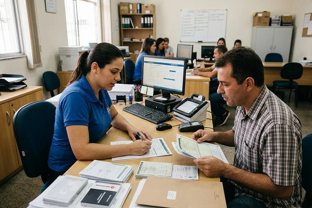 Despachante ajudando cliente a reunir documentos para emplacamento.