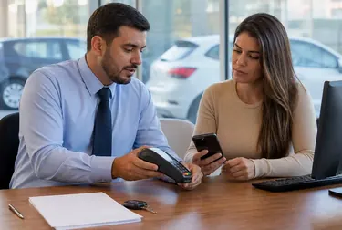 Funcionário do despachante ajudando um cliente com pagamento de débito de veículo.