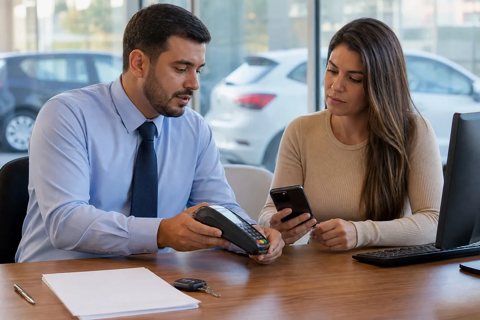 Funcionário do despachante ajudando um cliente com pagamento de débito de veículo.