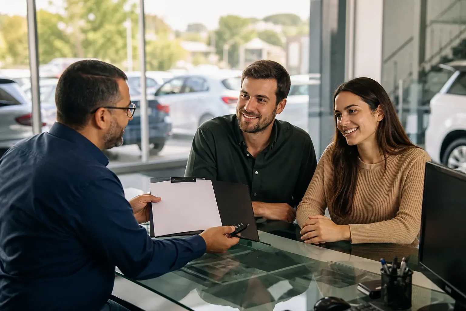 Funcionário do despachante auxiliando um cliente com a documentação.
