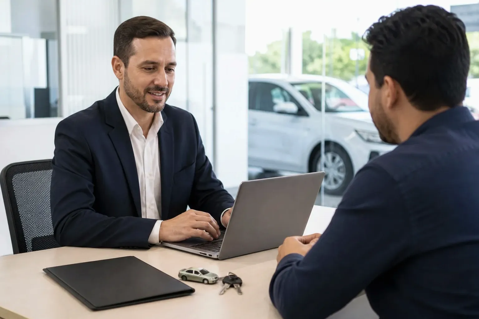 Proprietário do veículo recebendo orientações sobre licenciamento do carro.